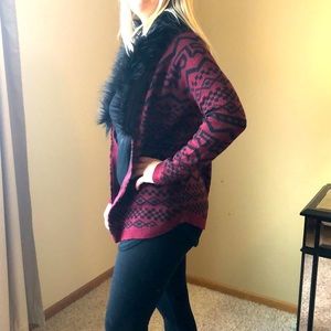 Maroon & black fur lined Aztec sweater